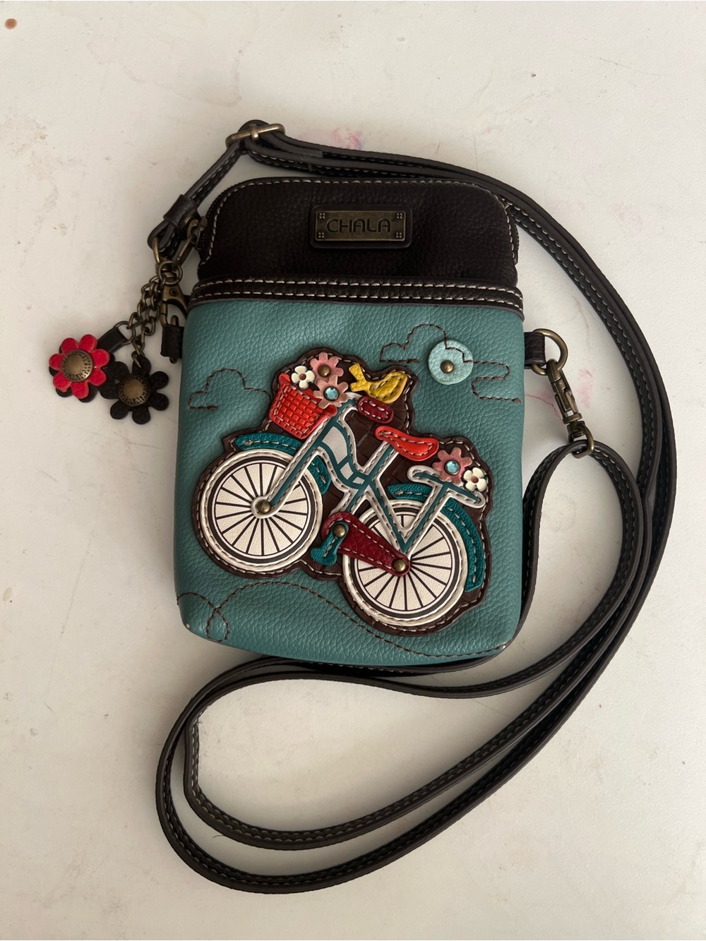Chala Bicycle Crossbody Phone Purse Teal Floral Bike Mini Bag Flowers Charm